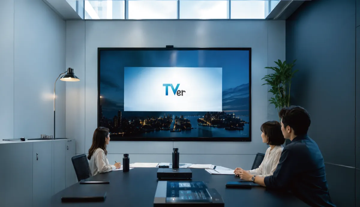 会議室の大型画面にTVerの画面を映して打ち合わせをする様子