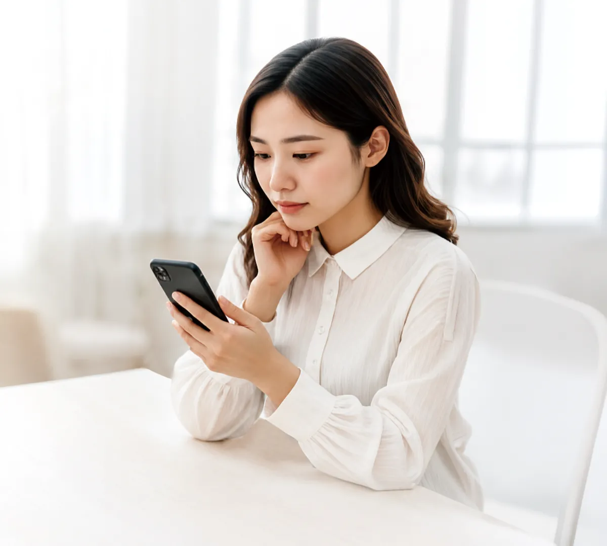 スマートフォンの画面を思案げに見つめる女性